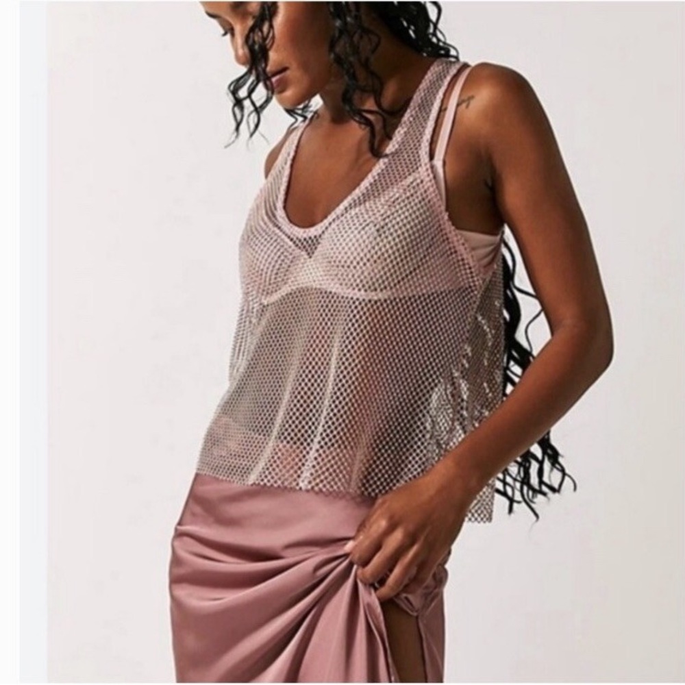 NWT Free People filter finish mesh crystal pink cami tank S